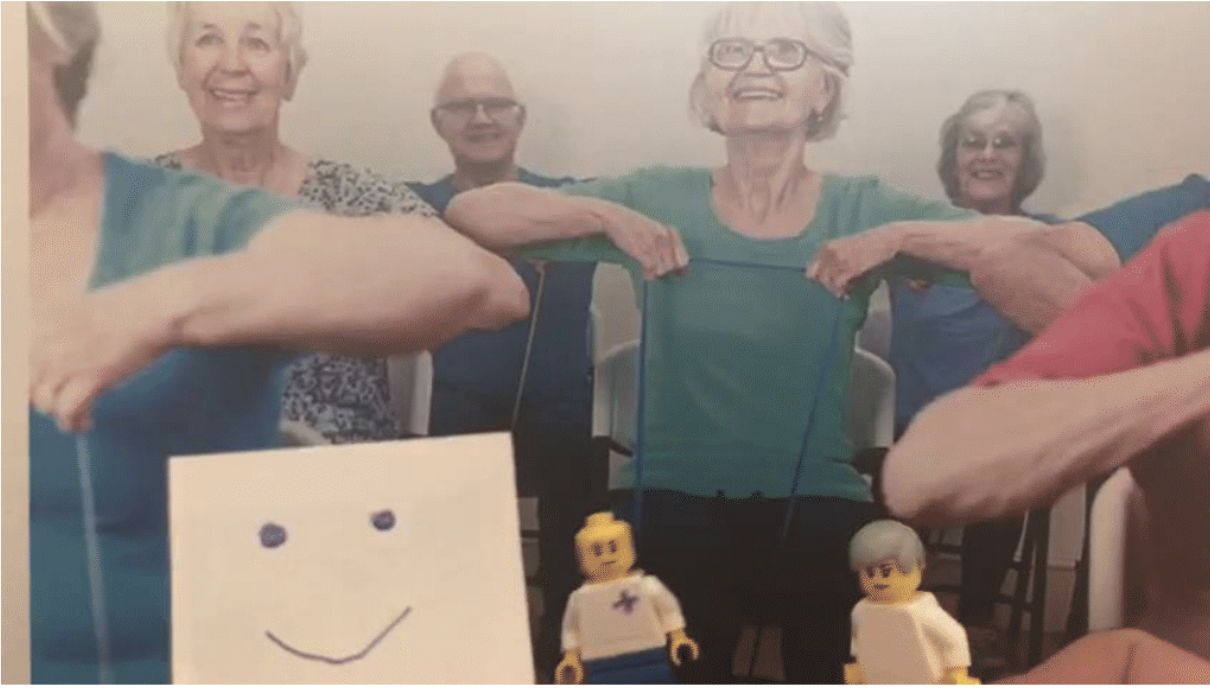 Prototype of the concept BUSS. Smiling elderly people at an activity center.