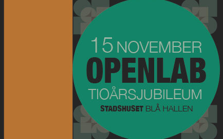 Inbjudan till tioårsjubileet för Openlab Stockholm 15 november 2023 i Stockholms stadshus, blå hallen.