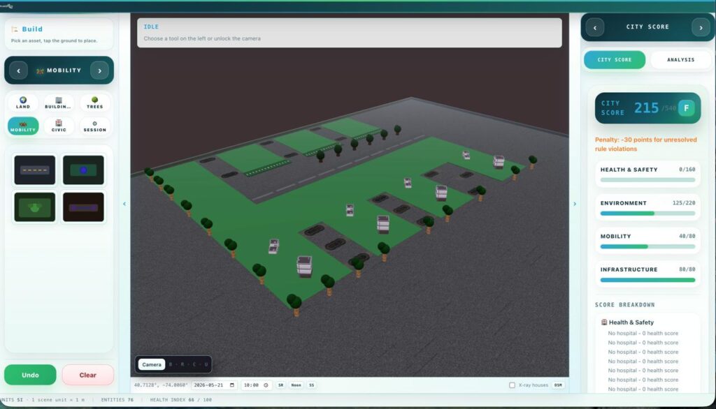 Prototype of the solution Planopolis, a gamified tool for balancing trade-offs in city planning, developed by Openlab students. 