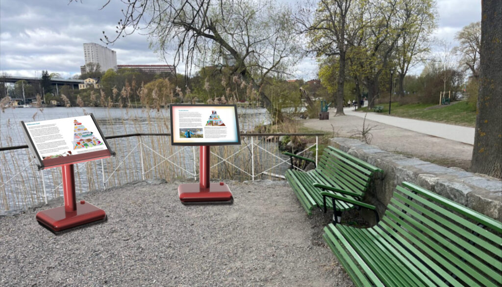 Rendering of the solution BrainSteps with information boards by a pretty nature scene.
