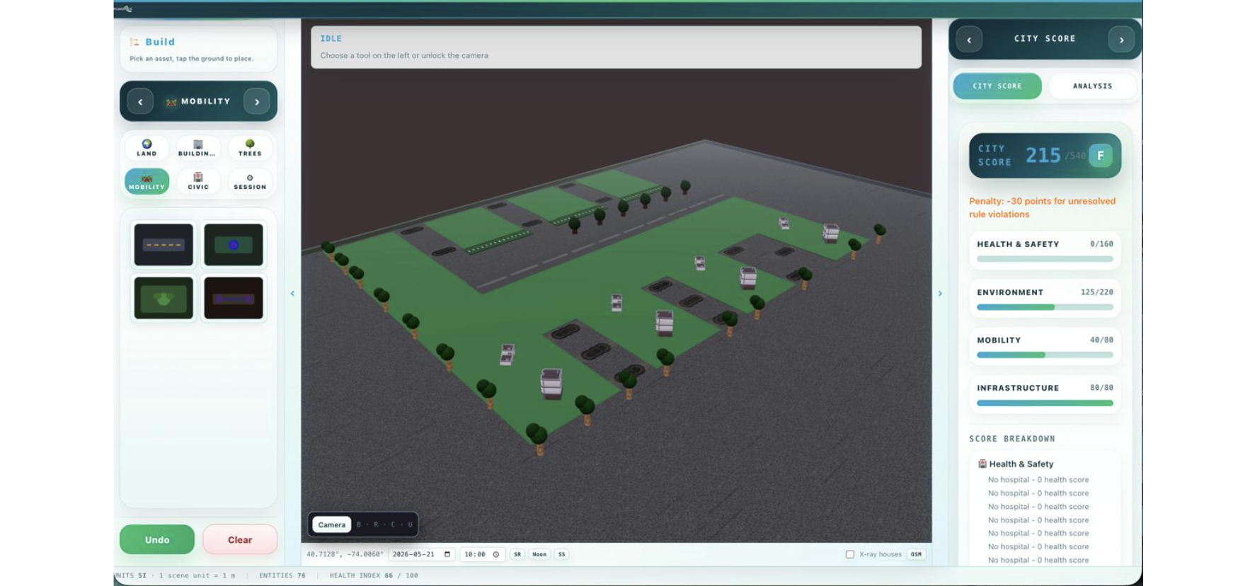 Prototype of the solution Planopolis, a gamified tool for balancing trade-offs in city planning, developed by Openlab students.