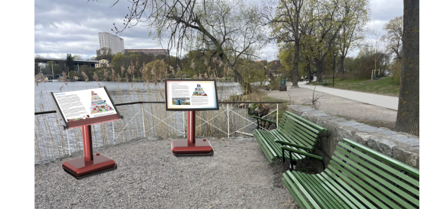 Rendering of the solution BrainWalk with information boards by a pretty nature scene.